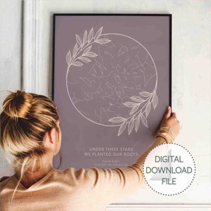 Mapa estelar personalizado por fecha, descarga de impresión bohemia para regalo de compromiso, boda en una casa de campo, arte de pared bohemio, decoración moderna, póster para regalo de aniversario