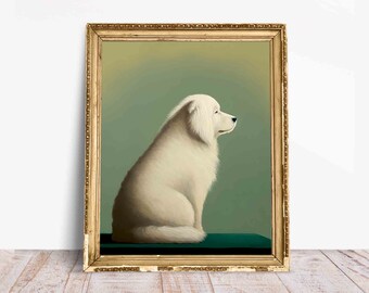 May include: A framed painting of a white dog in profile, set against a green backdrop. The dog is sitting, with its fluffy fur detailed. The frame is gold-colored and has a vintage look.
