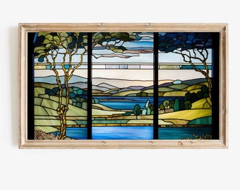 Samsung Frame TV Art, Mosaic Stained Glass Style DIGITAL Download Art, Nature Fine Art Printable,  River Trees View Home Decor Download File