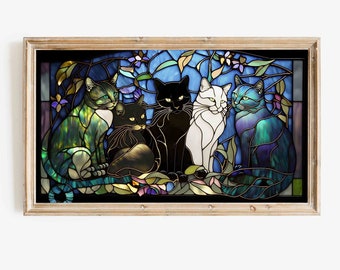 黒猫ステンドグラスアートプリント5枚セット：サバンナキャット