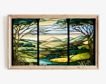 Samsung Frame TV Art, Mosaic Stained Glass Style DIGITAL Download Art, Nature Fine Art Printable,  River Trees View Home Decor Download File