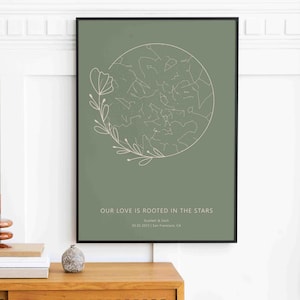 Póster floral bohemio con mapa estelar personalizado por fecha, impresión de propuesta de boda con mapa celestial personalizado con flores, decoración de aniversario con gráfico estelar del cielo nocturno