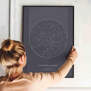 Mapa estelar por fecha Impresión Bauhaus Mapa estelar personalizado para regalo de compromiso para boda Línea de arte de pared boho Póster de decoración moderna para regalo de aniversario