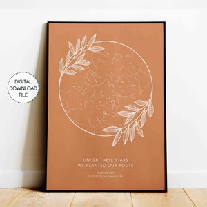 Carte des étoiles personnalisée par date Boho plante téléchargement impression pour cadeau de fiançailles pour cadeau de mariage cadeau d'anniversaire pour couple signe du zodiaque personnalisé art