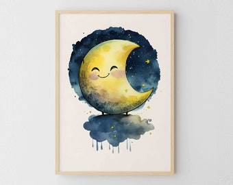 Printable Nursery Wall Art, Smiling Moon Download Print Art, Children Nursery Room Decor, Baby Room Decor, Outer Space Moon Nursery Wall Art