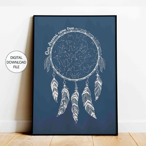 Mapa estelar personalizado por fecha Atrapasueños Boho Descarga de impresión para regalo de boda rústico Regalo de compromiso Regalo de aniversario Regalo para pareja Arte