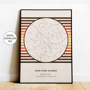 Mapa estelar personalizado vintage por fecha y ubicación Archivo de descarga de boda retro boho, póster de compromiso celestial rústico para decoración de aniversario de pareja