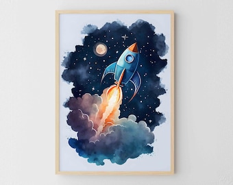 Printable Nursery Wall Art, Space Ship Download Print Art, Children Nursery Room Decor, Baby Room Decor, Rocket Galaxy Nursery Wall Art