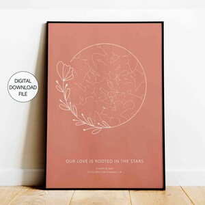 Carte des étoiles personnalisée par date Boho plante téléchargement impression, cadeau de fiançailles couple pour mariage, cadeau d'anniversaire pour couple affiche d'art mural personnalisé