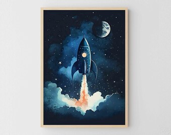 Printable Nursery Wall Art, Space Ship Download Print Art, Children Nursery Room Decor, Baby Room Decor, Rocket Galaxy Nursery Wall Art
