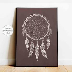 Atrapasueños parejas mapa de estrellas personalizado boho Impresión, cartel de propuesta de boda de mapa celestial personalizado, decoración de aniversario del gráfico de estrellas del cielo nocturno