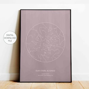 Mapa estelar personalizado por fecha Descarga de impresión para regalo de compromiso para boda Arte de pared bohemio para aniversario Regalo de San Valentín personalizado para pareja