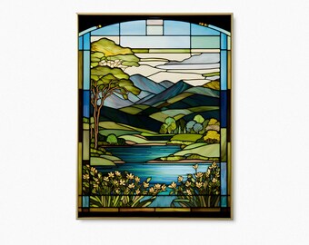 Christian Printable Art Stained Glass Print Spiritual Home Decor Download Painting Window Church Nature Digital Download Entryway Wall Art