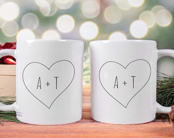 Heart Shape Customize Initials Couples Coffee Mug, Romantic Valentine Day Girlfriend Gift, Personalized Name Wedding Mug, Engagement Gift