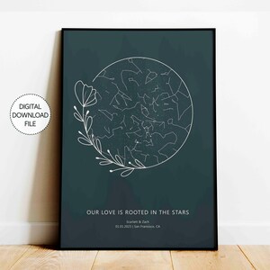 Impresión de archivo digital de arte de pared bohemio con mapa estelar personalizado por fecha para regalo de compromiso, regalo de boda, regalo de aniversario, regalo de pareja, impresión de signo del zodíaco