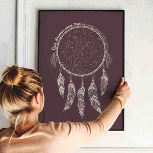 Arte de pared con atrapasueños personalizado con mapa estelar por fecha y temática de granja bohemia, propuesta de compromiso con estrellas, regalo con fecha y ubicación, impresión de canción de primer baile