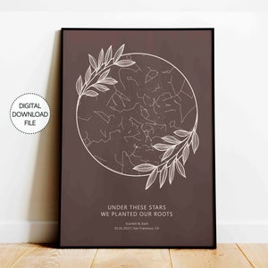 Carta estelar personalizada Boho impressão de casamento, mapa estelar personalizado fazenda romântico casal pôster, mapa celestial céu noturno aniversário decoração casa