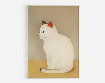 Printable Japanese Inspired White Cat Wall Art, Vintage Minimalist White Cat Poster Download Print Art, White Cat Home Decor, Retro Wall Art