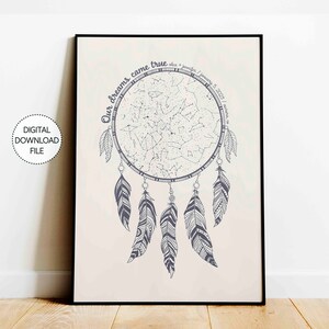 Mapa estelar personalizado por fecha Atrapasueños Boho Descarga digital Impresión Arte de pared para casa de campo Regalo de boda para compromiso Regalo para aniversario