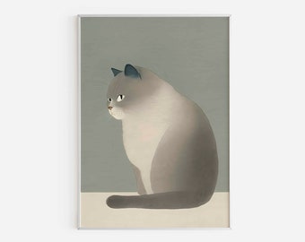 Printable Japanese Inspired Grey White Cat Wall Art, Vintage Minimalist Grey Cat Poster Download Print, Grey Cat Home Decor, Retro Wall Art