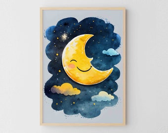 Printable Nursery Wall Art, Smiling Moon Download Print Art, Children Nursery Room Decor, Baby Room Decor, Outer Space Moon Nursery Wall Art