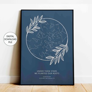 Impresión de archivo digital de arte de pared bohemio con mapa estelar personalizado por fecha para regalo de compromiso, regalo de boda en una casa de campo, regalo de arte de pared para pareja para aniversario