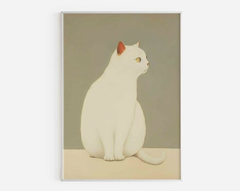 Printable Japanese Inspired White Cat Wall Art, Vintage Minimalist White Cat Poster Download Print Art, White Cat Home Decor, Retro Wall Art