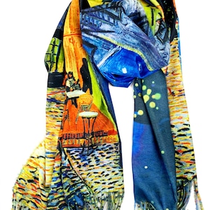 Super Soft Cashmere Feel Double Sided Reversible Art Shawl Scarf Van Gogh Monet Inspired Starry Night ,Café Terrace