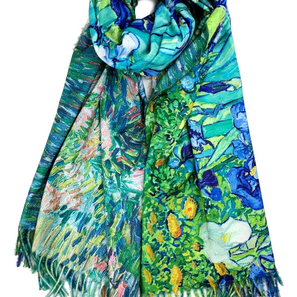 Super Soft Cashmere Feel Reversible Art Shawl Scarf Van Gogh Monet Inspired Iris Fields