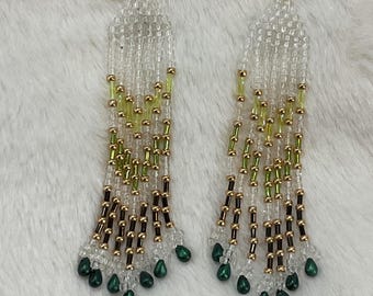 Glow in the dark Fringe Earrings – Greens and Yellows - Hand beaded