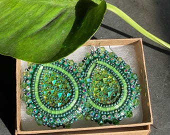 Teardrop Bead Embroidered Earrings – Green Rhinestone, Bi-cone Edge, Sterling silver hooks