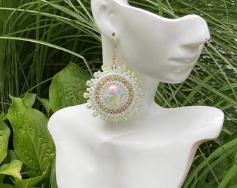 Handmade White and Yellow Pearlescent Beaded Earrings, Round Statement Dangles - Flat stitch - UV reactive drop beads