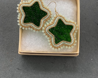 Green and Gold - Star Statement Earrings: Festival Costume Jewelry - bead embroidery - French hooks - Glow in the Dark seed beads