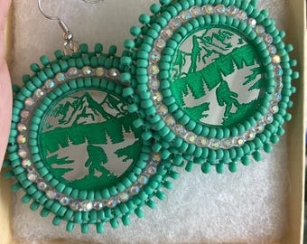 Handmade Green Bigfoot Earrings, Round Statement Dangles - Flat stitch - Mirror center Sasquatch