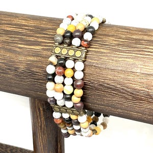 Triple-Strand Beaded Bracelet with Antique Bronze Accents. Assorted Gemstone.