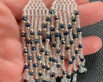 Fringe Earrings – Blue Czech Glass and Crystal Glow-in-the-dark - Hand beaded