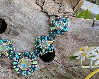 Bridgerton style Blue iridescent Floral Necklace: One of a Kind