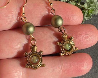 Olive Green Pearl - Prenite gemstone - Turtle Earrings