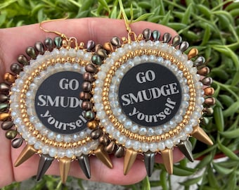 Large Rhinestone Statement Earrings with daggers : Festival Costume Jewelry - bead embroidery - Neutral shades