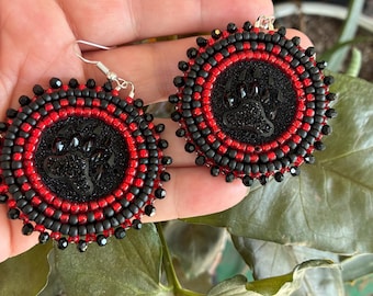Handmade Black and Red -Flat stitch Beaded Earrings, Bear Paw -  Round Statement Dangles with Sparkle & Tribal Design