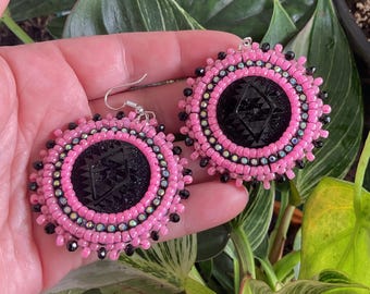 Handmade Beaded Earrings - Black - Pink - Rhinestone-Bead embroidery - French hook - Aztec- Tribal design