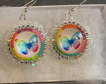 Butterfly Rainbow Earrings - Bead embroidery - French hooks