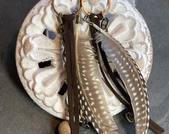 Feather - Chain - Leather - Bronze earrings - Long Natural Earrings