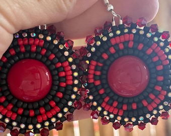 Handmade Beaded Earrings - Black - Red - Rhinestone-Bead embroidery - French hook