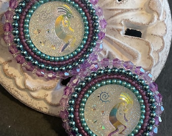 Kokopelli Flat stitch beaded earrings - Jewel tones and White embroidered - fingernail post