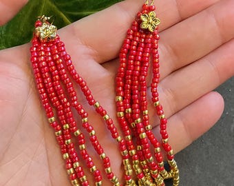 Handmade Beaded Fringe Earrings - Pink and Gold Statement Jewelry
