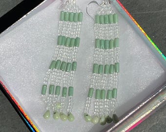 Glow in the dark Fringe Earrings – Sage Green - Hand beaded