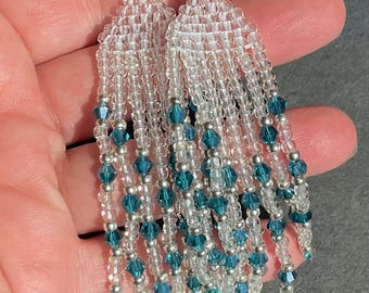 Glow in the dark Fringe Earrings – Blue Crystal - Hand beaded