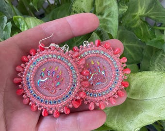 Handmade Bear Paw Beaded Earrings – Coral Pink - Flat Stitch Statement Dangles