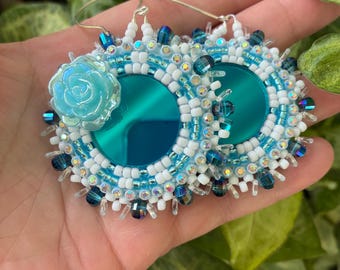 Handmade Mirrored Blue Floral - Flat stitch beaded earrings - embroidered - Long drop